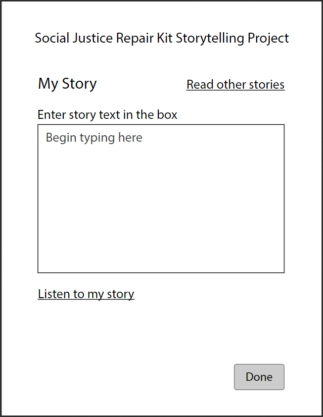 A very basic web design consisting primarily of a page title, a large text input box and a button that says "Done", all in black on a white background