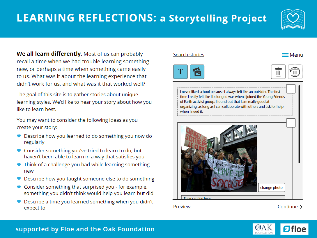 a full-screen web design with blue bars on the top and bottom of the screen, a logo of an open book with a heart set into it, and some supporting organization logos at the bottom. The main part of the screen is split vertically in two, with the left side showing some introductory text and the right side showing the block editing interface along with some sample content